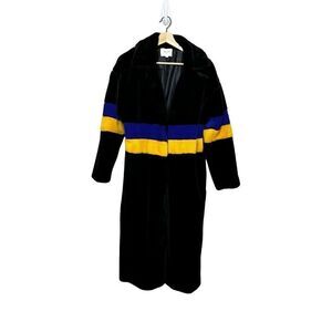 Grey Lab Los Angeles black full length faux fur coat with blue and yellow stripe
